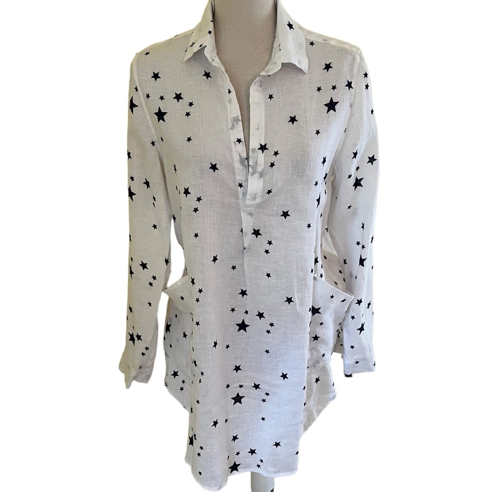 Forcynthia Beachwear Linen White Star Print Beach Cover Up M